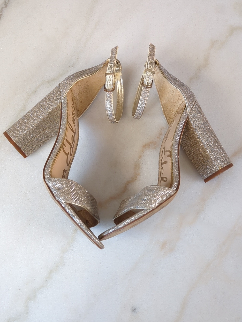 Sam Edelman Gold Sparkle Block Heel Sandals Size 7.5